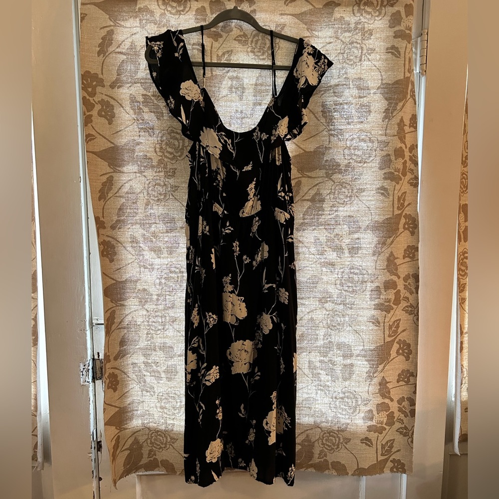 Lucky midi sundress black w/ white floral, strappy w/ off the shoulder ruffle